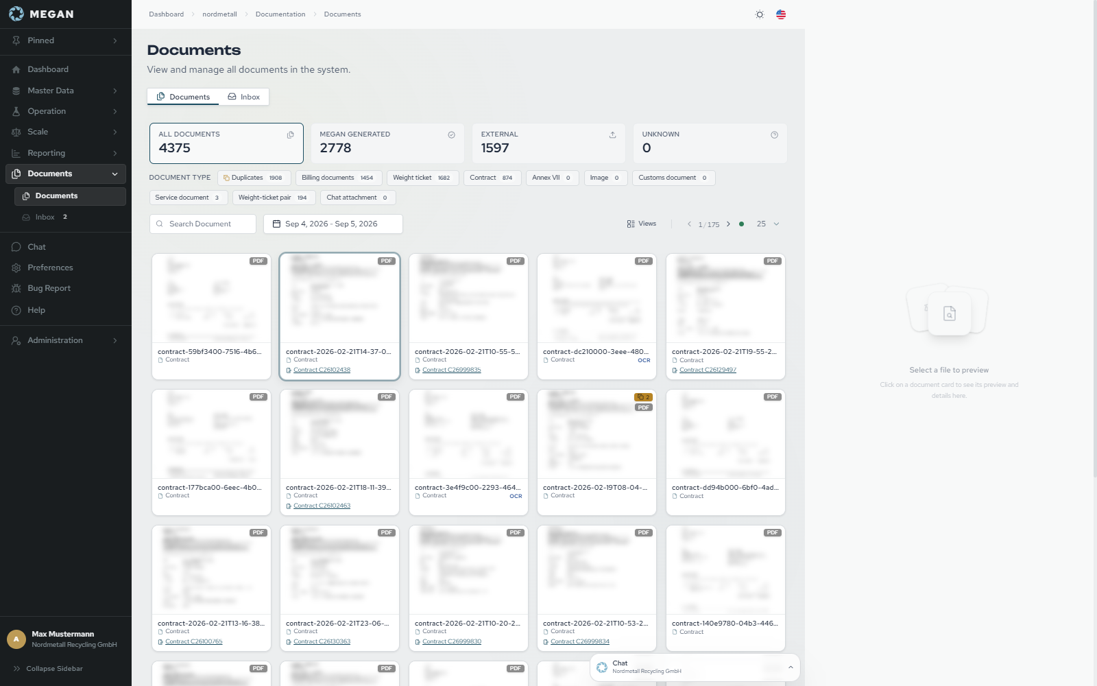 MEGAN AI inbox classifying an incoming PDF and matching it to a weight ticket
